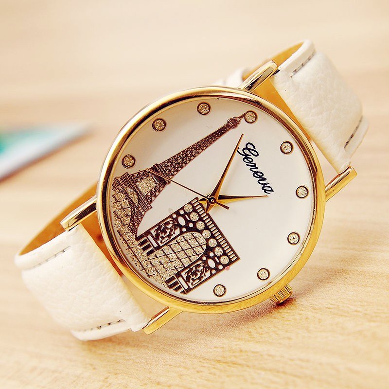 熱賣韓版時尚小清新埃菲爾鐵塔皮帶手表男女情侶腕表學生手表包郵