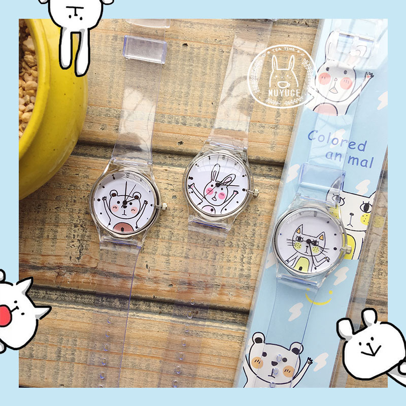 韓國ulzzang卡通可愛小熊小兔舉起手動物手表透明表帶學生手表女