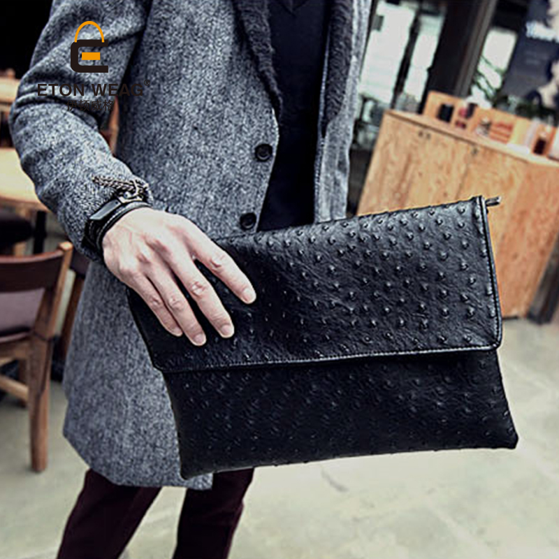 新款時尚手拿包鴕鳥紋手抓包手包文件包單肩包男斜跨包潮包